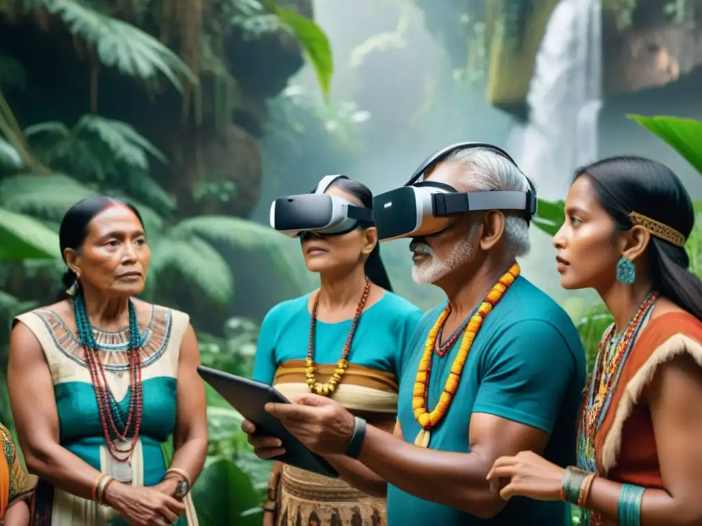 Grupo de ancianos y niños indígenas inmersos en realidad virtual, protegiendo culturas indígenas