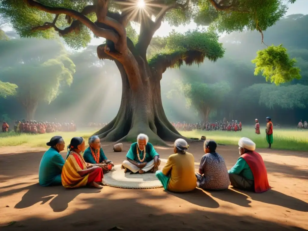 Grupo de ancianos y niños indígenas bajo un árbol ancestral, transmitiendo sabiduría y tradición