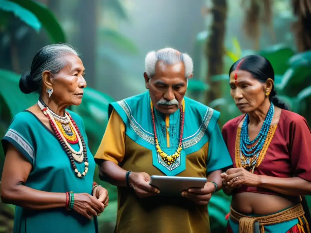 Grupo de ancianos indígenas con tablet de Apps educativas para culturas indígenas, entre tradición y tecnología en la selva