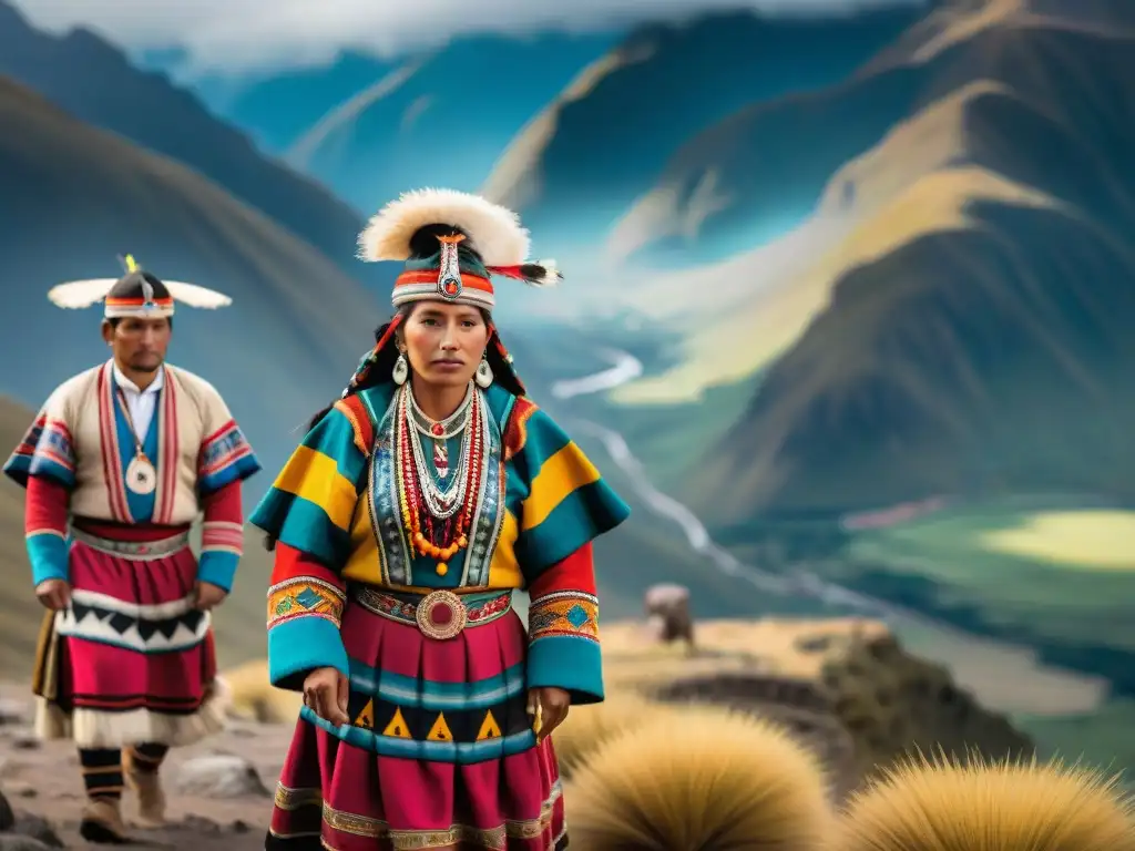 Grupo de indígenas andinos en colorida festividad, danzando con trajes tradicionales detallados en las montañas