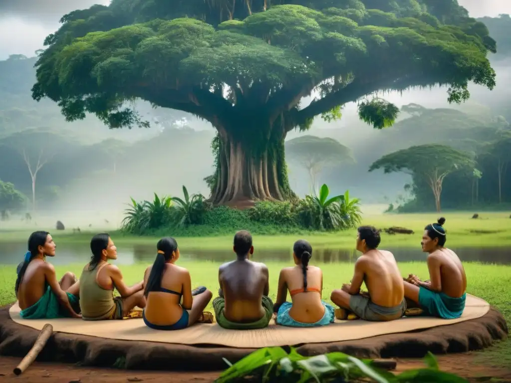 Grupo de indígenas Guarani aprendiendo guaraní bajo un árbol en la selva amazónica