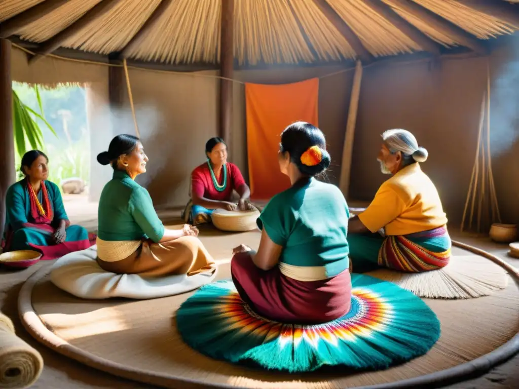 Un grupo de artesanos indígenas revitaliza el arte textil en un taller rústico, tejiendo patrones tradicionales con destreza