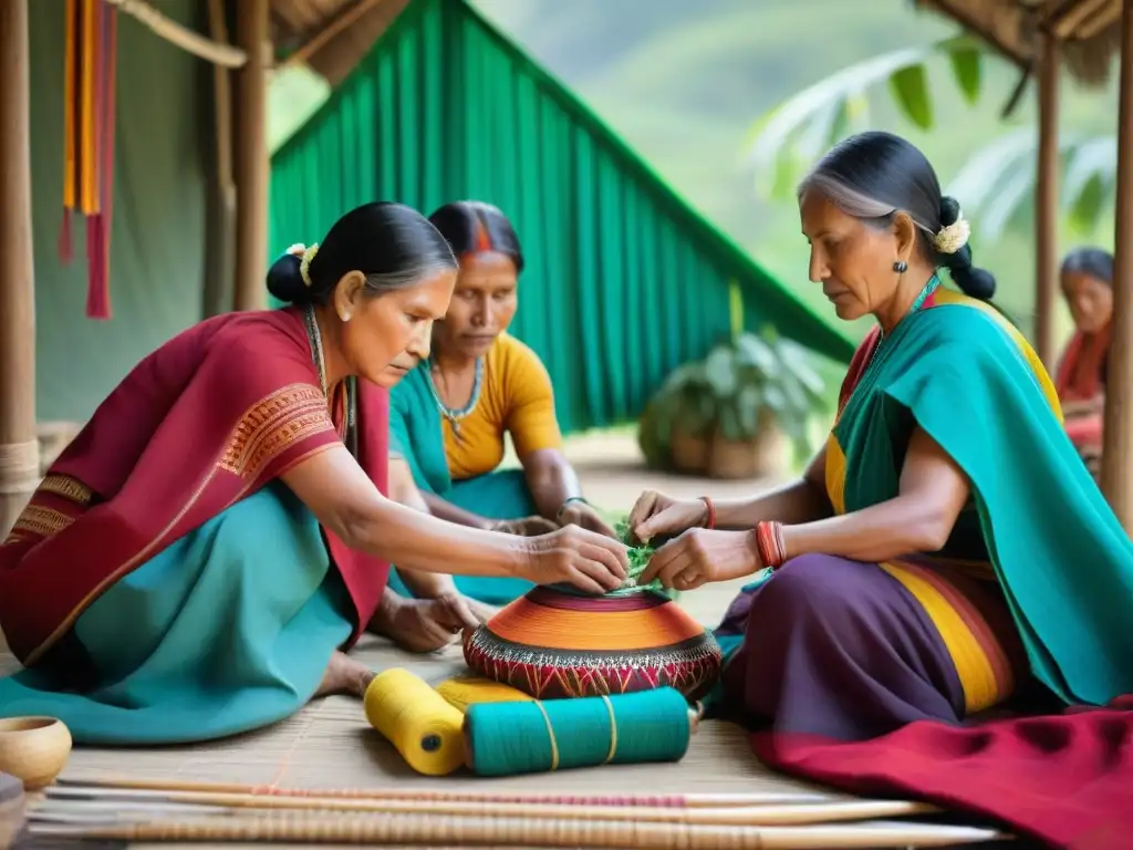 Un grupo de artesanos indígenas inmersos en la tradición cultural de la moda, tejiendo diseños intrincados en textiles coloridos