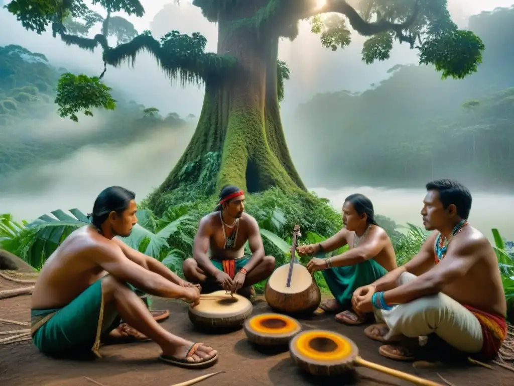 Un grupo de artesanos indígenas rescata instrumentos tradicionales bajo un árbol antiguo en la selva