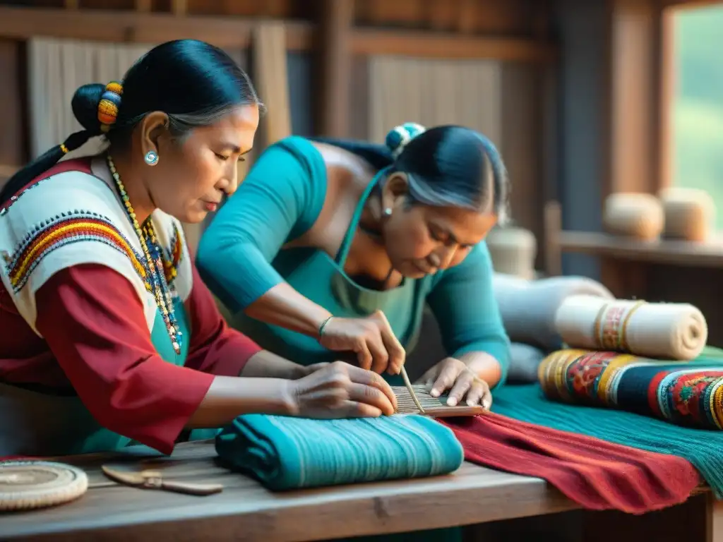 Grupo de artesanos indígenas creando juntos en un taller tradicional, rodeados de textiles y artesanías coloridas