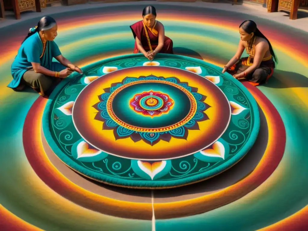 Grupo de artesanos indígenas creando un mandala de arena en ritual, reflejando arte y tradición