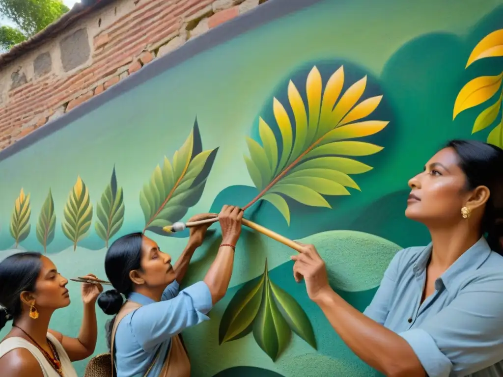 Grupo de artesanos indígenas restaurando mural antiguo, enalteciendo su herencia cultural