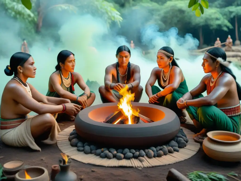 Un grupo de artesanos indígenas en la selva, creando cerámica, en contraste con la realidad aumentada y las ruinas antiguas al fondo