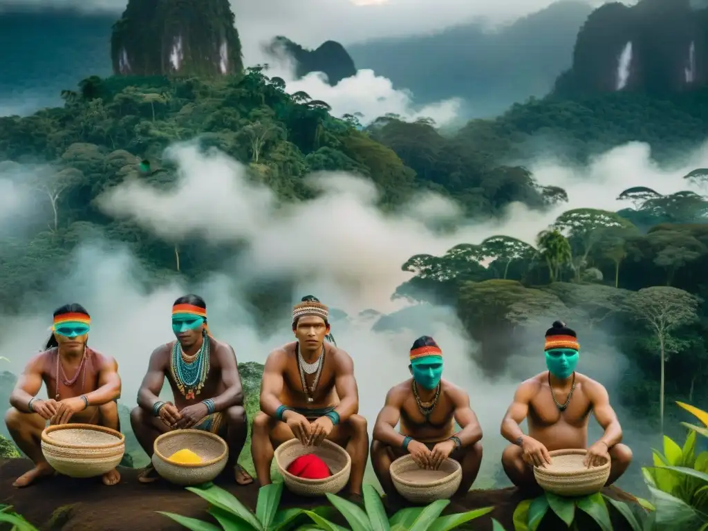 Un grupo de artesanos indígenas de la selva amazónica tejiendo cestas y cerámica, rodeados de exuberante naturaleza