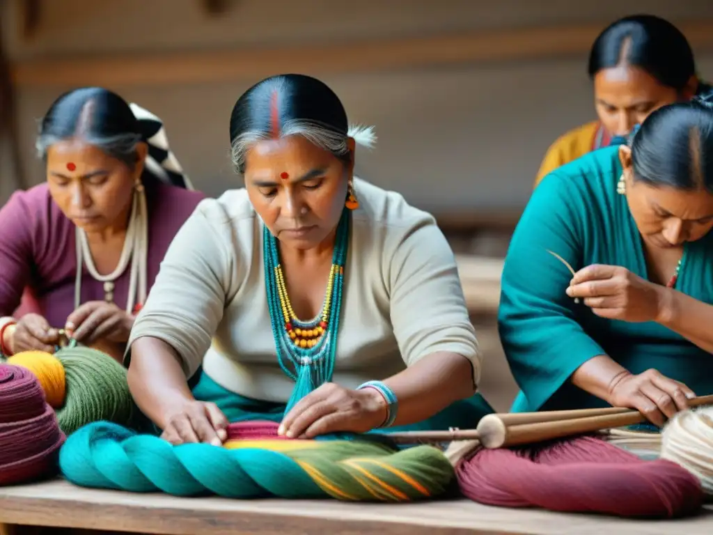 Un grupo de artesanos indígenas en un taller lleno de colores, patrones e instrumentos tradicionales creando textiles vibrantes