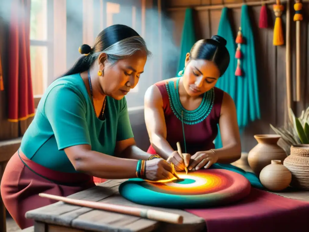 Un grupo de artesanos indígenas trabajando en un taller con textiles vibrantes y herramientas tradicionales