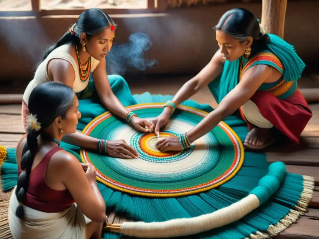 Grupo de artesanos indígenas tejiendo con técnicas ancestrales, rodeados de colores y naturaleza