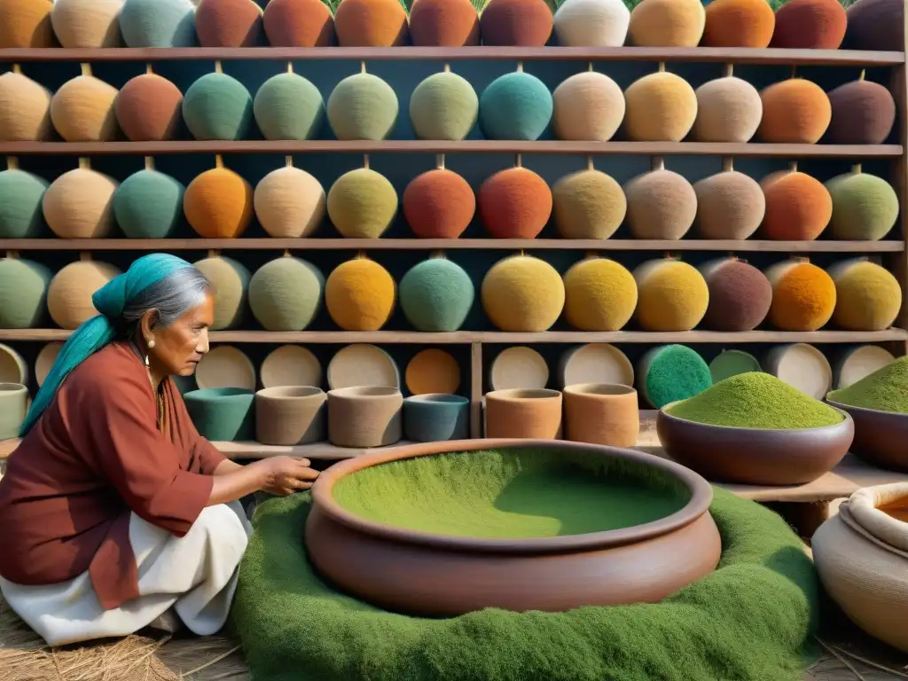 Un grupo de artesanos indígenas elaborando tejidos con paleta natural moda indígena, rodeados de tintes y plantas secas