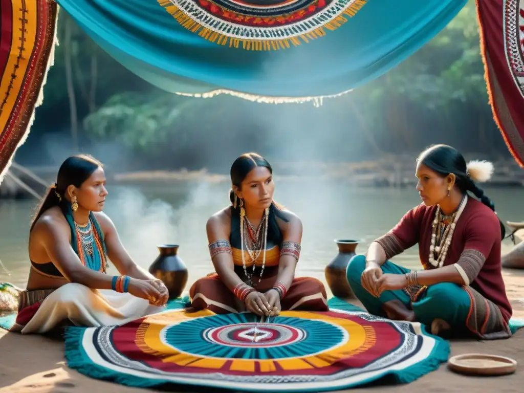 Artesanos indígenas tejiendo tradición y resistencia Grupo de artesanos indígenas creando textiles, reflejando la importancia en movimientos sociales indígenas