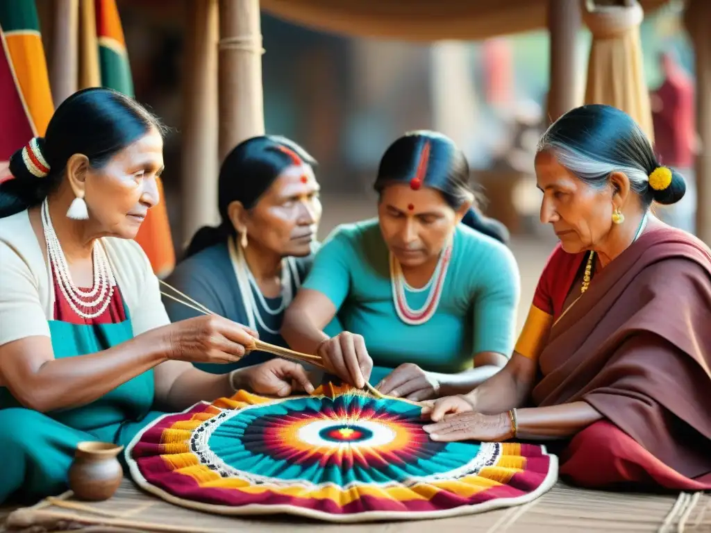 Un grupo de artesanos indígenas tejiendo textiles coloridos con técnicas tradicionales en un mercado vibrante