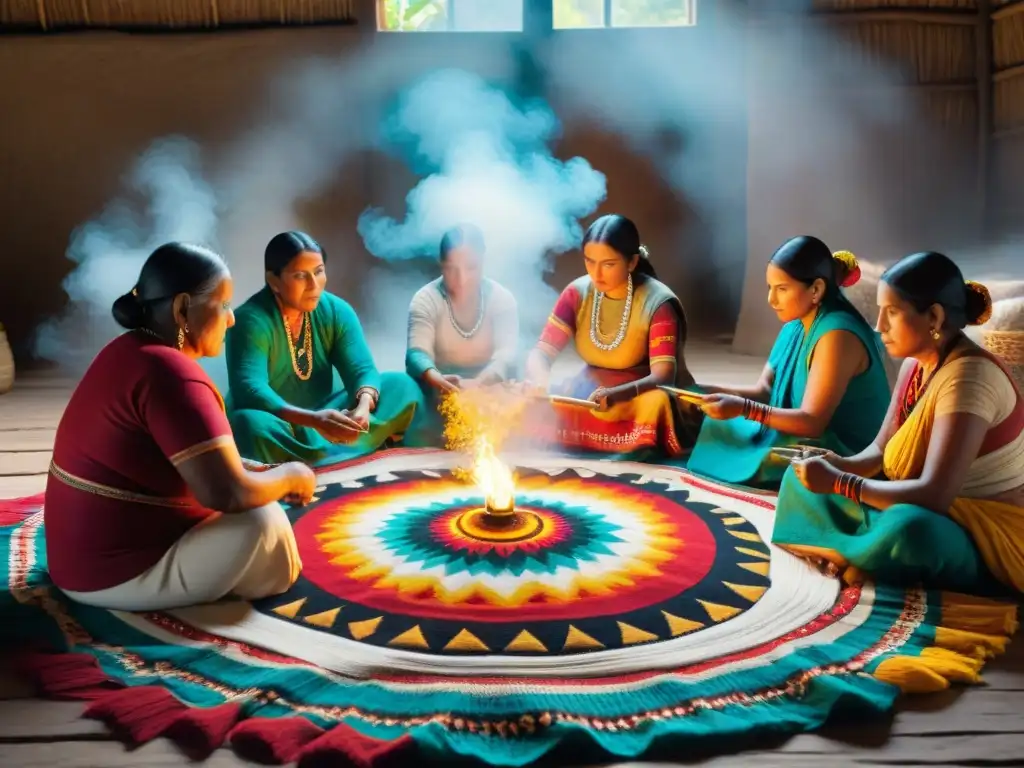 Un grupo de artesanos indígenas crea textiles tradicionales, rodeados de colores y patrones