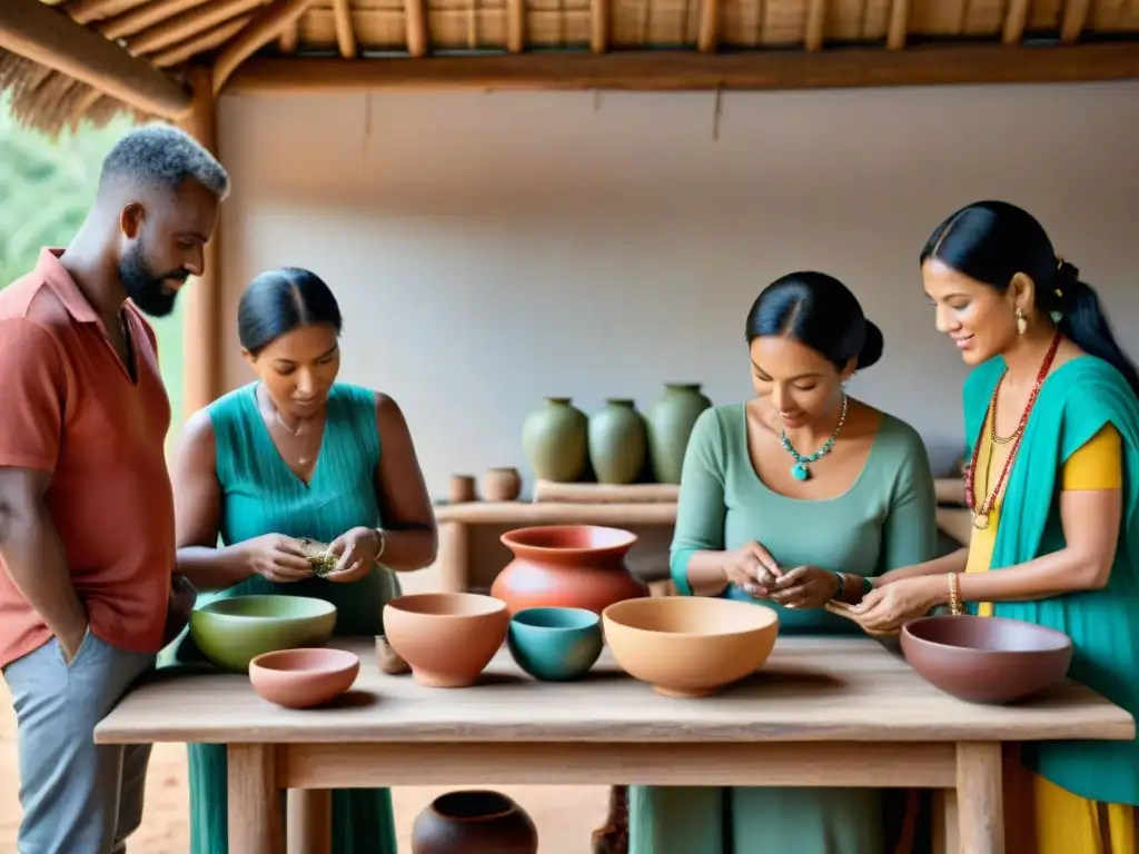 Un grupo de artesanos se reúne alrededor de una mesa rústica llena de productos hechos a mano, en un taller cálido y acogedor