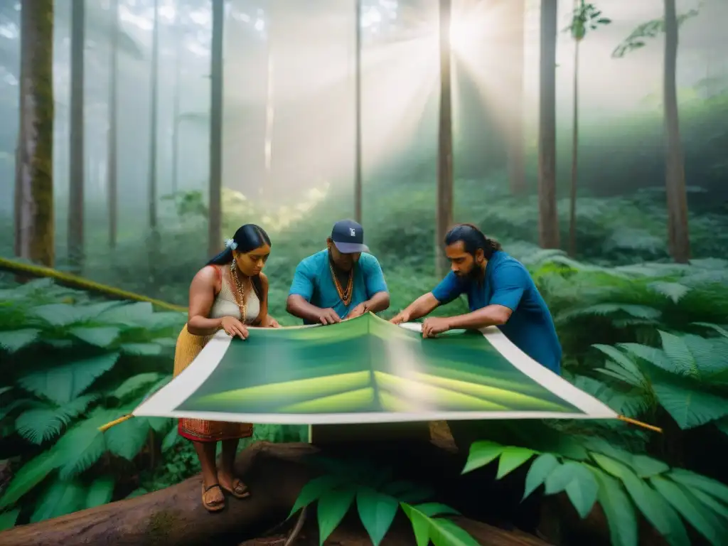 Grupo de artistas indígenas y activistas creando publicaciones en un bosque exuberante