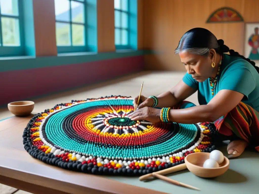 Grupo de artistas indígenas creando arte de cuentas tradicional en centro comunitario decorado, conectados con su herencia cultural