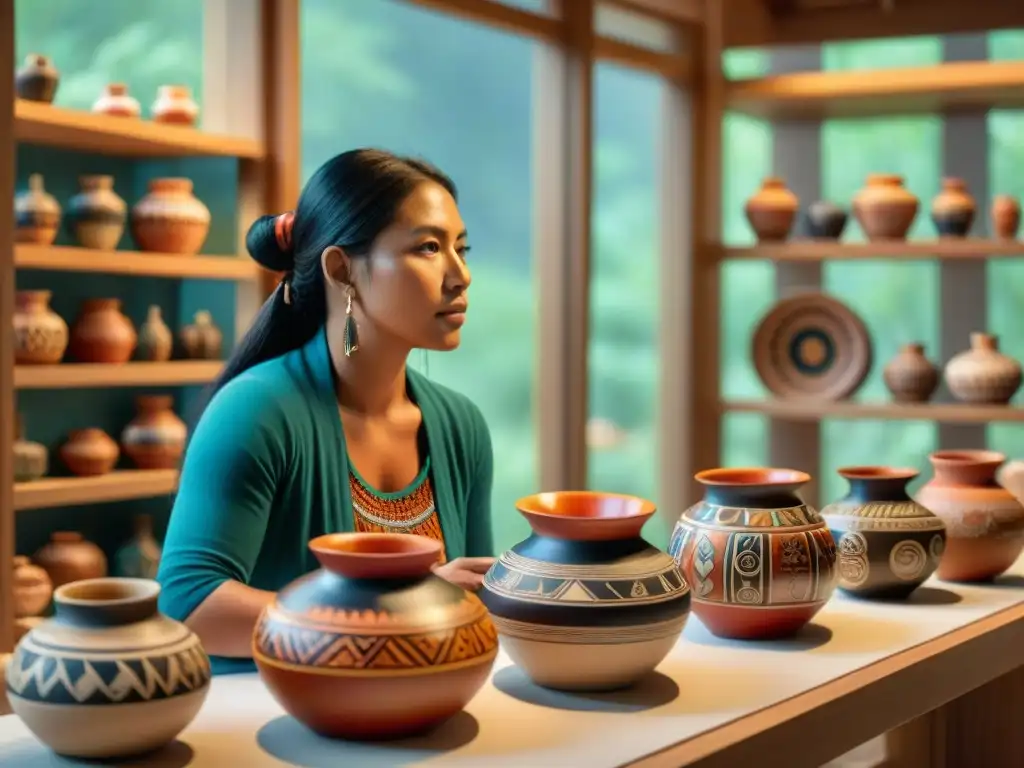 Grupo de artistas indígenas creando cerámica auténtica con orgullo y destreza en un ambiente cálido y lleno de tradición