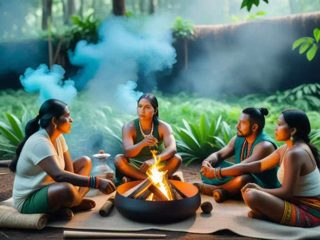 Grupo de artistas indígenas contemporáneos creando arte tradicional alrededor del fuego en la selva