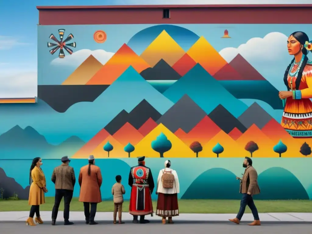 Un grupo de artistas indígenas pintando un mural en un edificio, combinando arte tradicional con activismo moderno