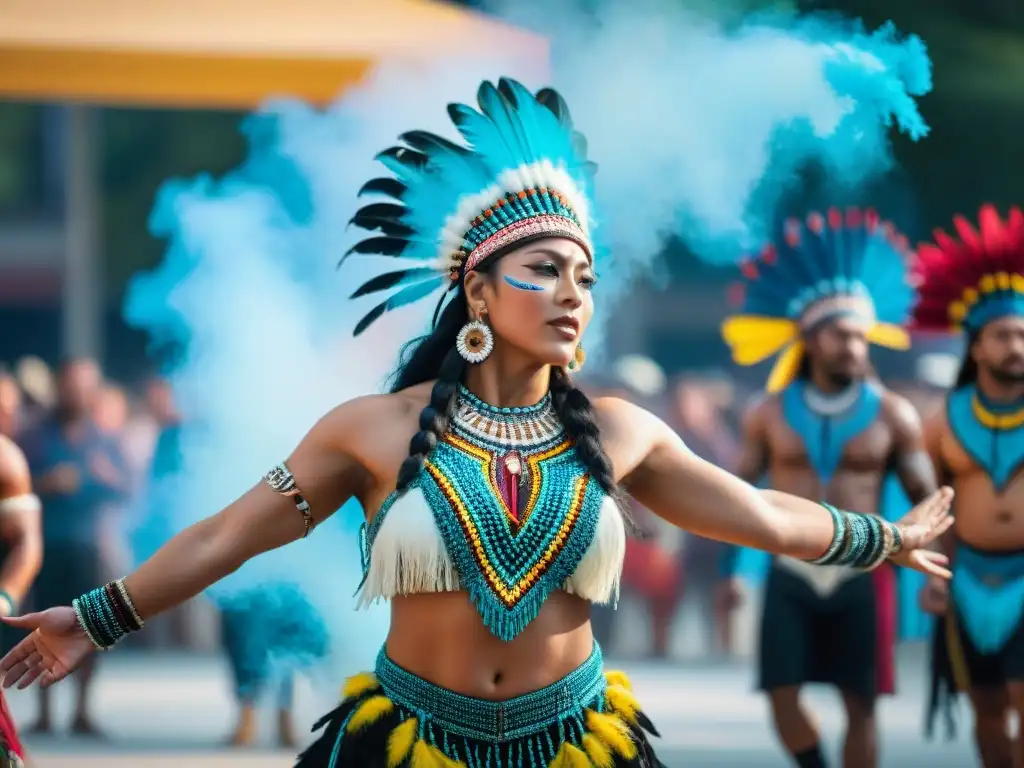 Grupo de artistas indígenas en vibrante festival contemporáneo de América, danzando con trajes tradicionales y coloridas plumas