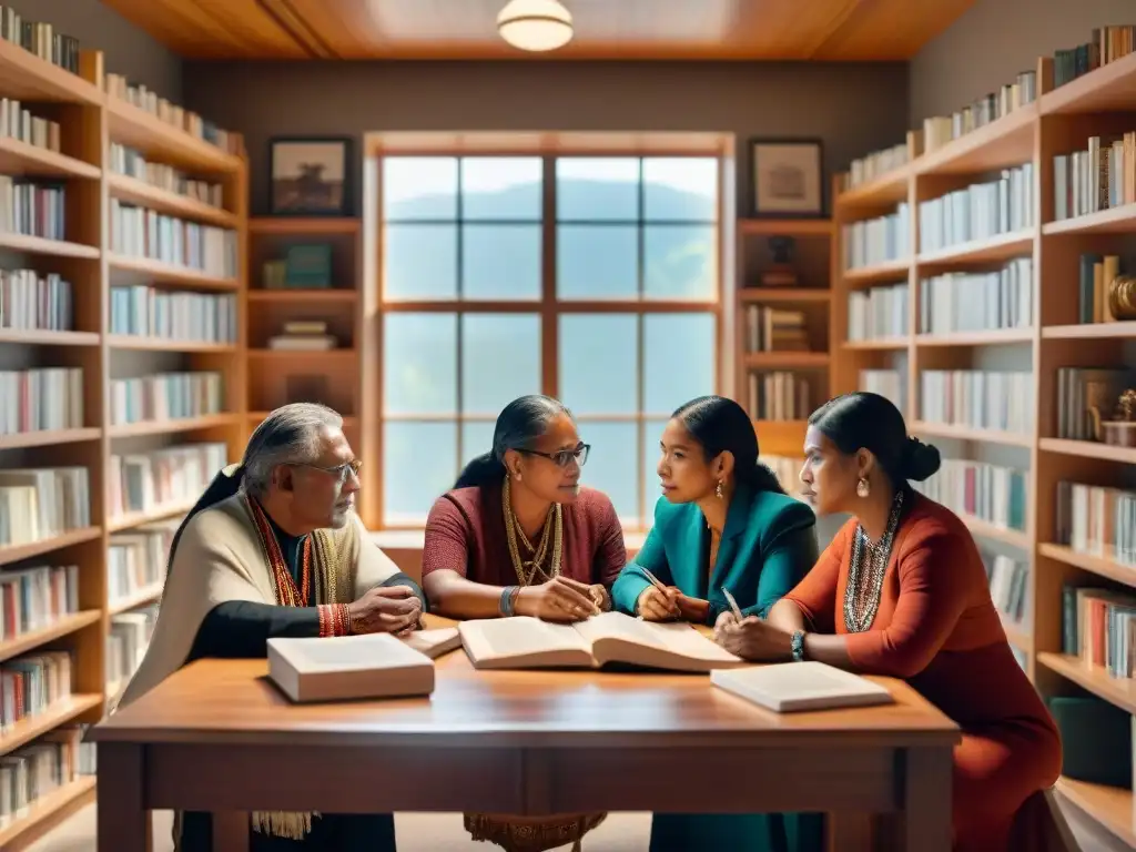 Autores indígenas unidos en diálogo creativo Un grupo de autores indígenas exiliados se reúnen alrededor de una mesa, rodeados de libros y un ambiente cálido que simboliza unidad y resiliencia