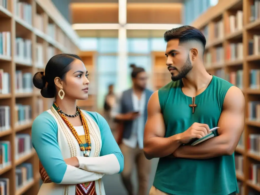 Un grupo de Autores indígenas jóvenes reconocidos se reúnen en una biblioteca moderna, expresando determinación, pasión y orgullo cultural