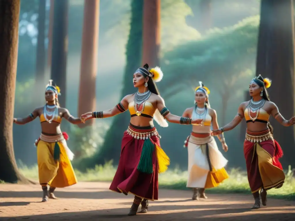 Grupo de bailarines indígenas danzando en un claro del bosque, con trajes coloridos y movimientos llenos de significado espiritual