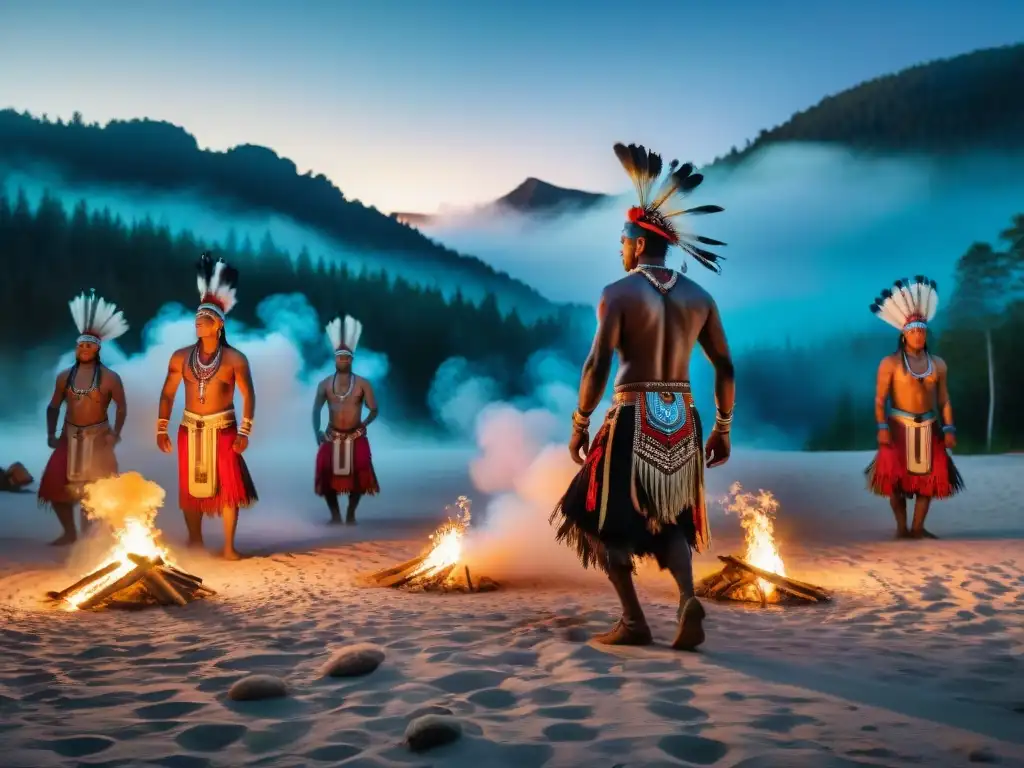 Grupo de bailarines indígenas realizando una danza de caza alrededor de una fogata bajo un cielo estrellado