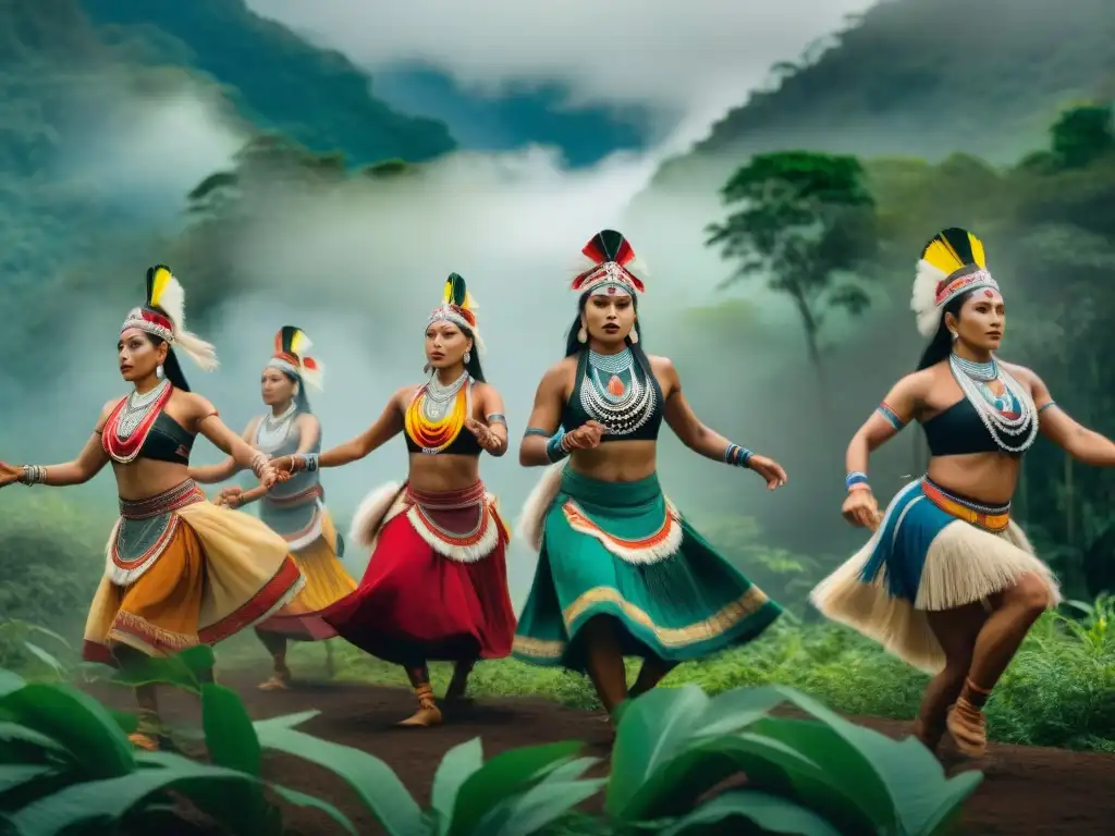 Grupo de bailarines indígenas en danza ritual, destacando la preservación de danzas tradicionales indígenas en la selva