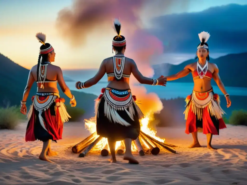 Grupo de bailarines indígenas danzando en la noche estrellada alrededor de una fogata, preservación danzas tradicionales indígenas