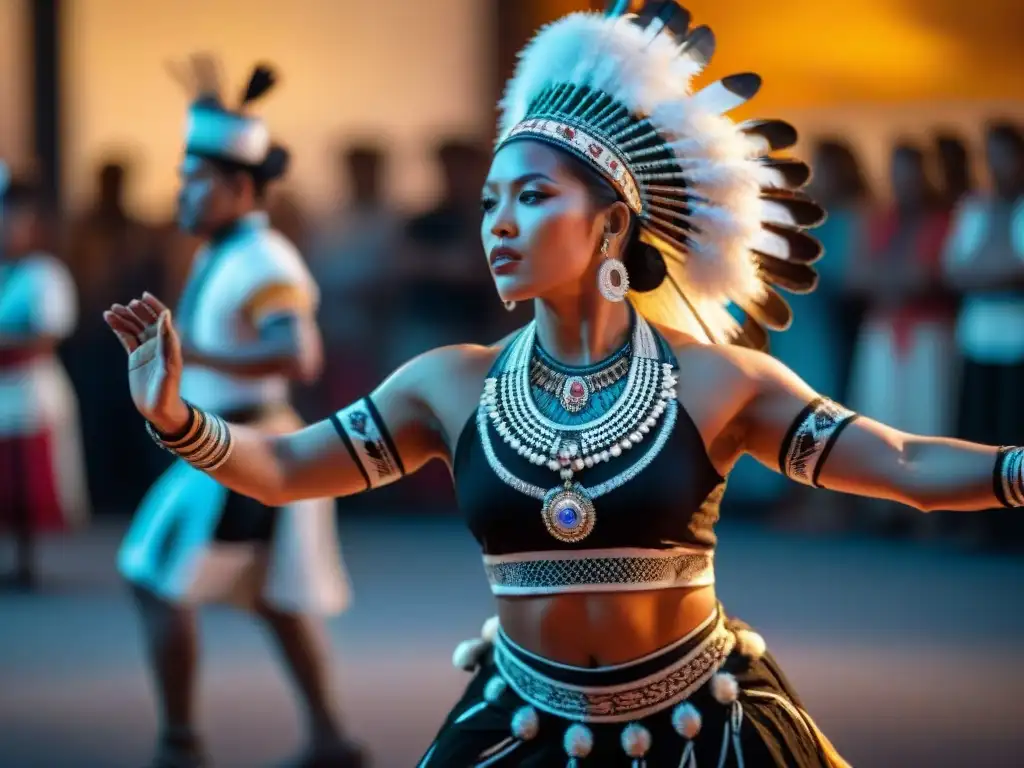 Un grupo de bailarines indígenas en pleno baile, luciendo trajes tradicionales con patrones vibrantes