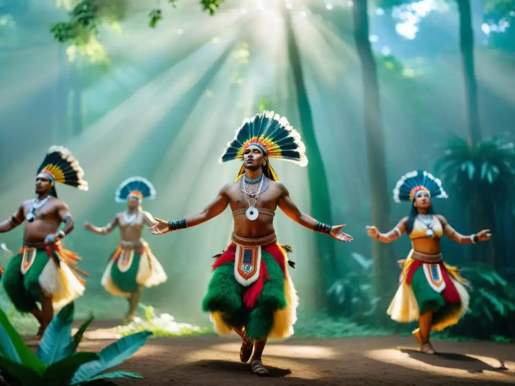 Grupo de bailarines indígenas en ritual sagrado, ataviados con trajes coloridos y plumas, rodeados de comunidad y naturaleza