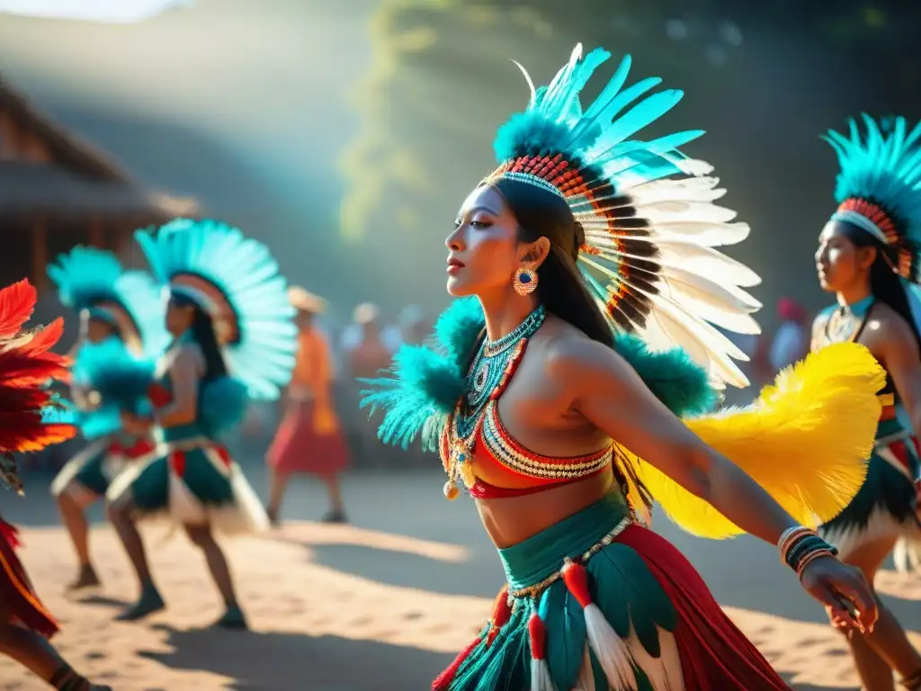 Un grupo de bailarines indígenas realizando la sagrada Danza del Sol, con plumas y bordados relucientes