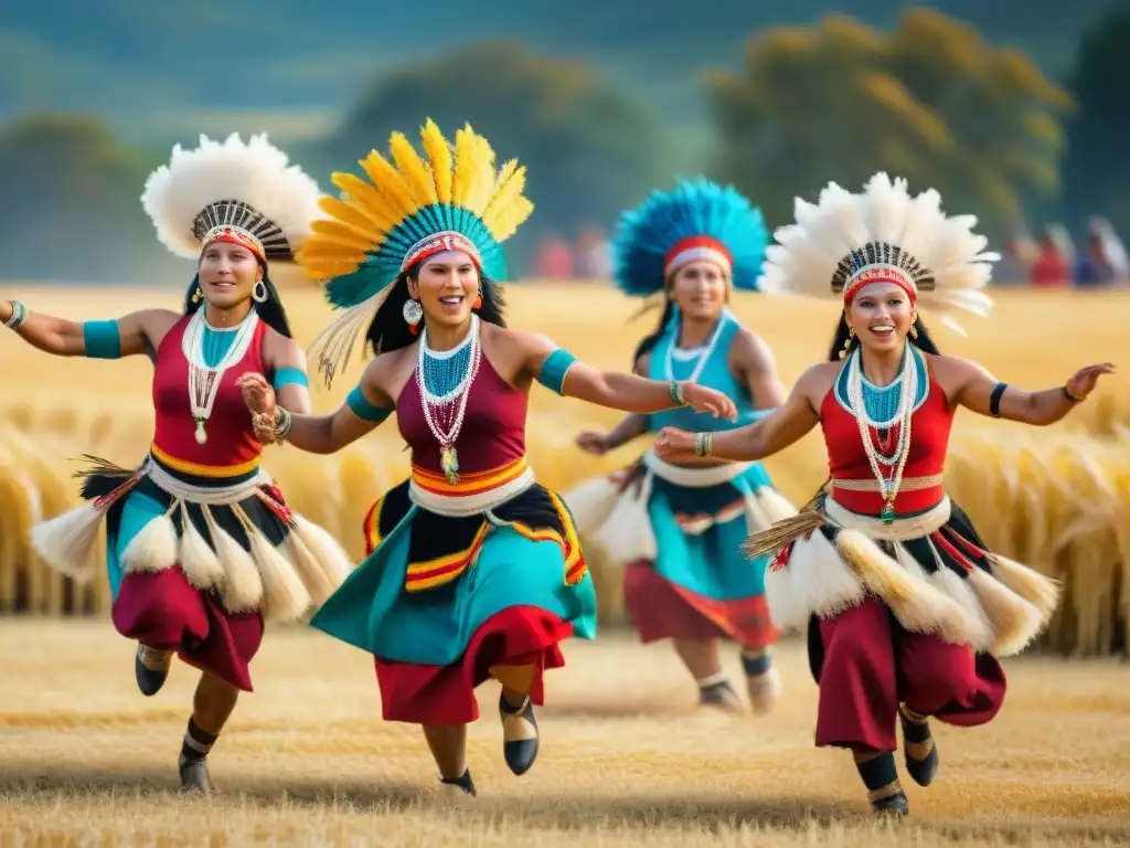 Grupo de bailarines indígenas en salto dinámico durante festividad de cosecha, rodeados de campos dorados