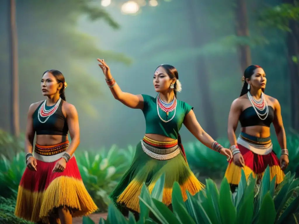 Grupo de bailarines indígenas en trajes tradicionales, danzando en un bosque exuberante