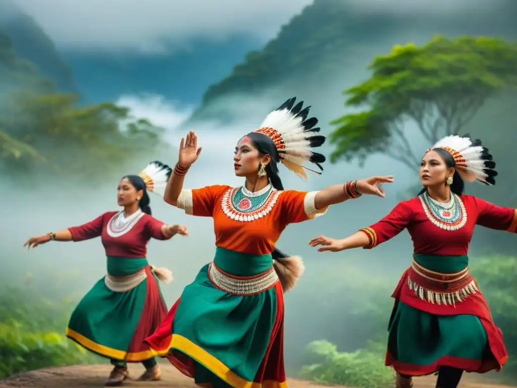 Grupo de bailarines indígenas en armonía, vistiendo trajes tradicionales vibrantes, danzando con pasión en la naturaleza