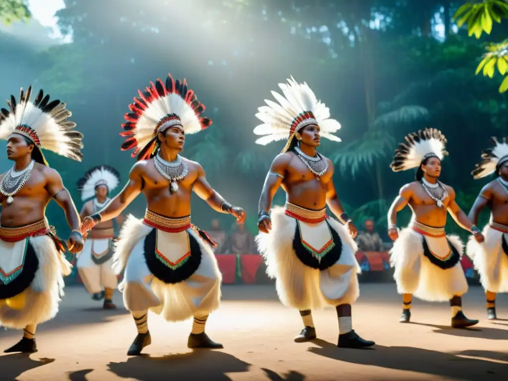 Grupo de bailarines indígenas en trajes tradicionales, resistencia cultural en música y danza ante la colonización