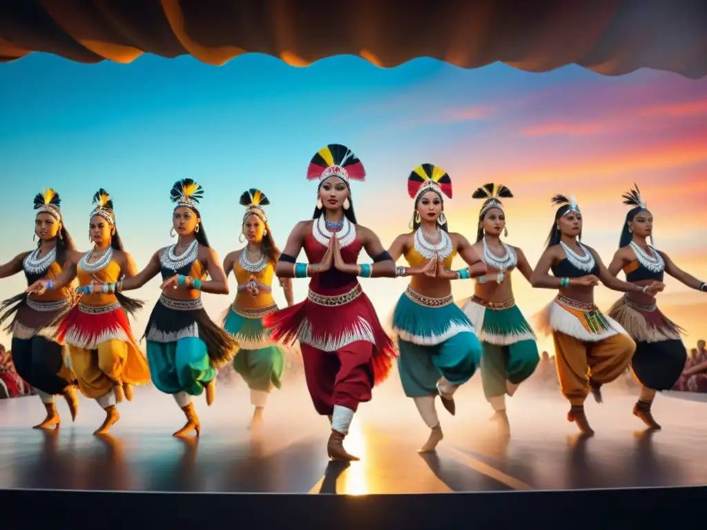 Grupo de bailarines indígenas en trajes tradicionales danzando en un acto de soberanía cultural, bajo un vibrante atardecer