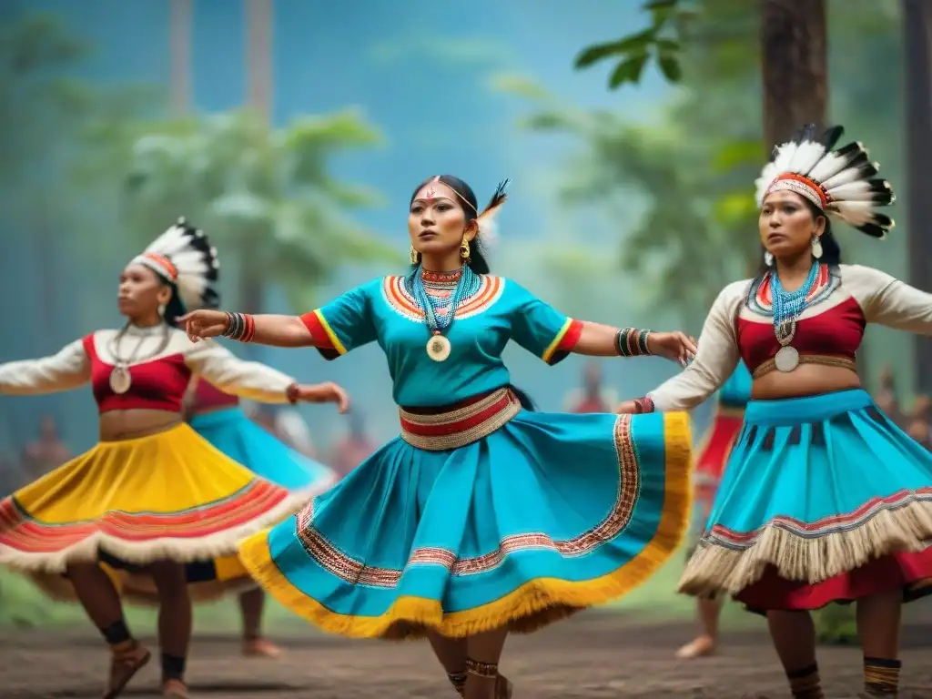 Grupo de bailarines indígenas en trajes tradicionales, danza ancestral en el bosque