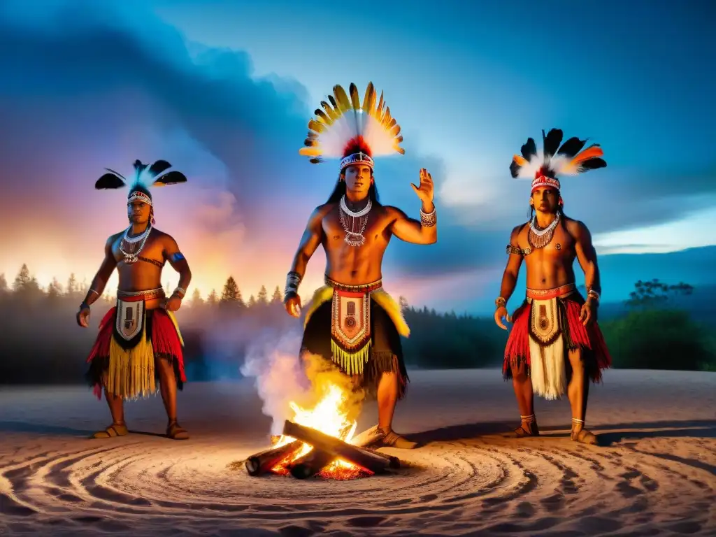 Danza ceremonial indígena alrededor del fuego Grupo de bailarines indígenas en trajes vibrantes alrededor de fogata en la noche, danza indígena como expresión cultural