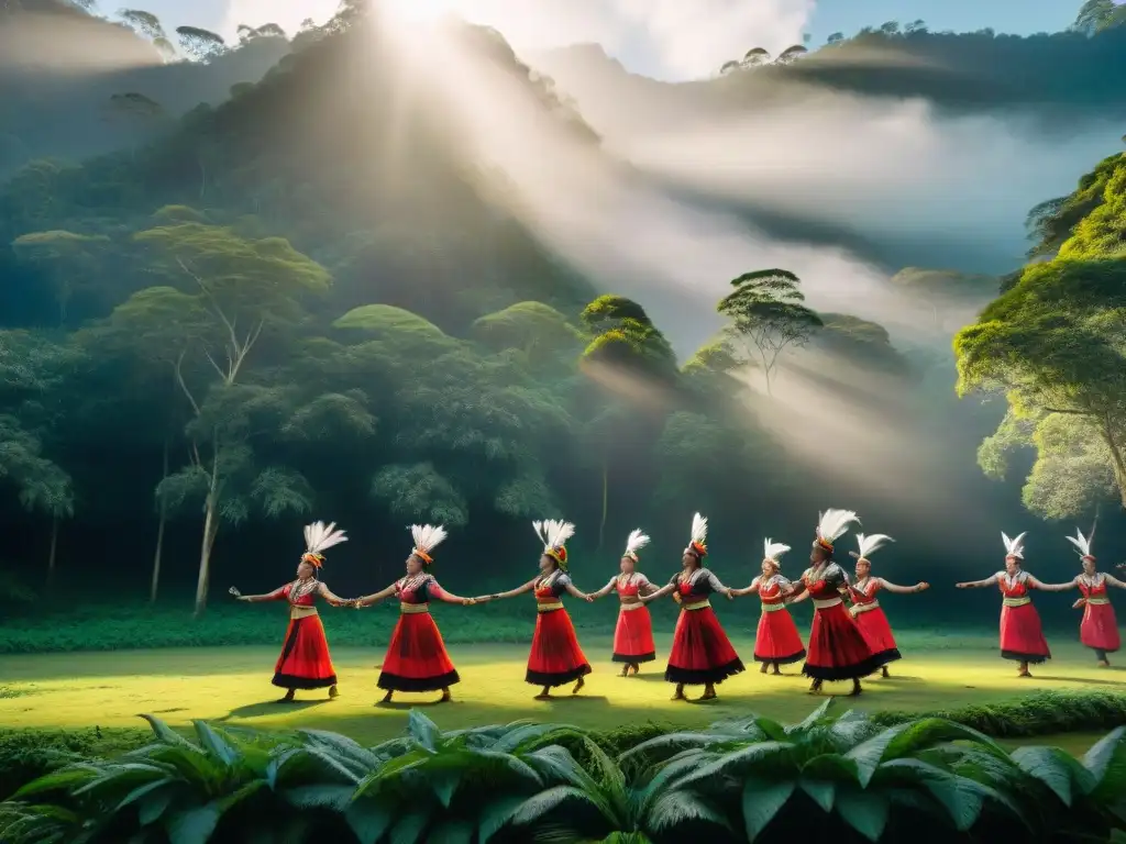 Grupo de bailarines indígenas en trajes tradicionales, danza ceremonial en bosque verde