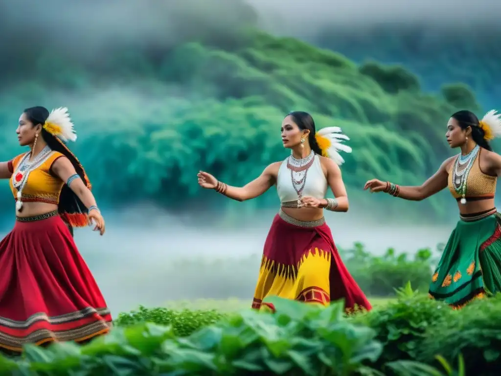 Grupo de bailarines indígenas en vibrante acto de danza, conectando identidades y soberanía