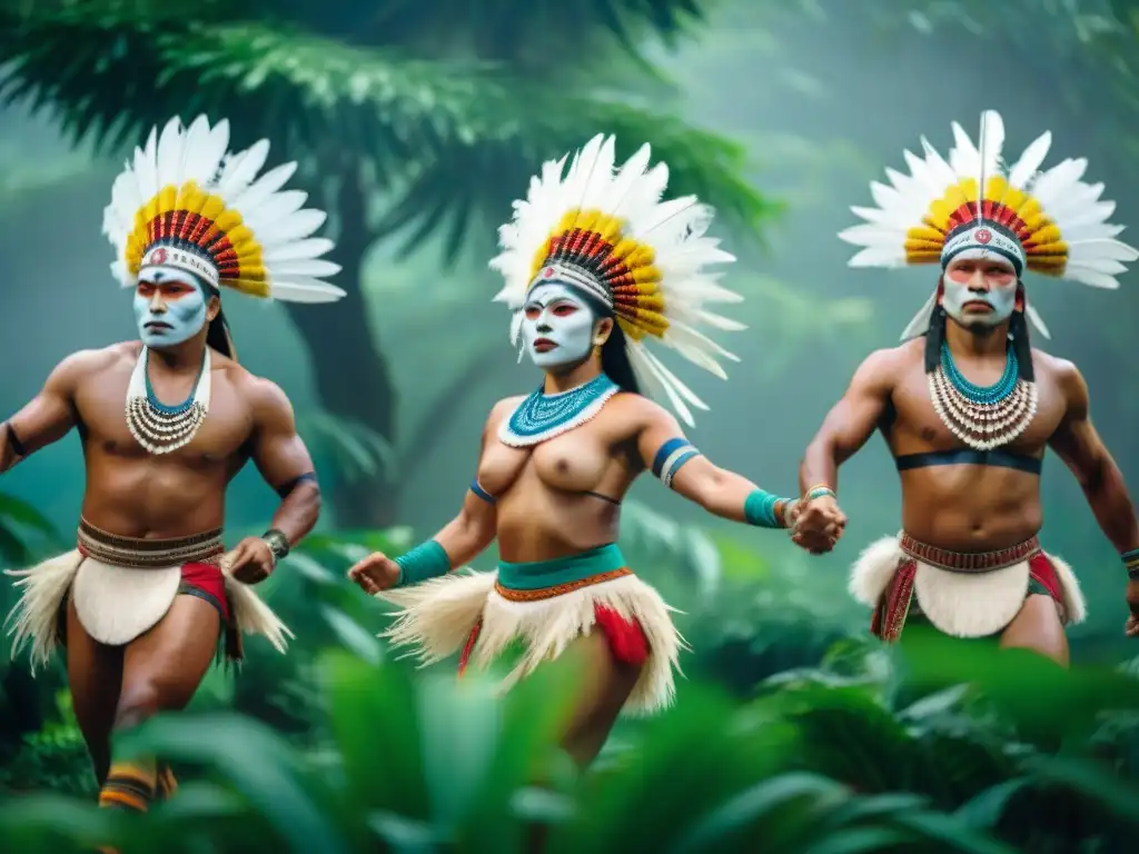 Baile ceremonial indígena: tradición y conexión Un grupo de bailarines indígenas en vibrantes atuendos tradicionales, expresando la Danza indígena como expresión cultural