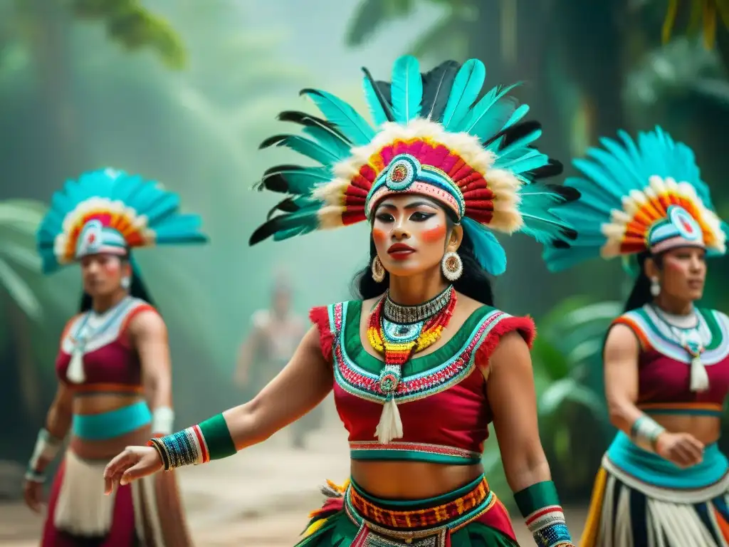 Un grupo de bailarines mayas en trajes tradicionales coloridos, danzando en la jungla