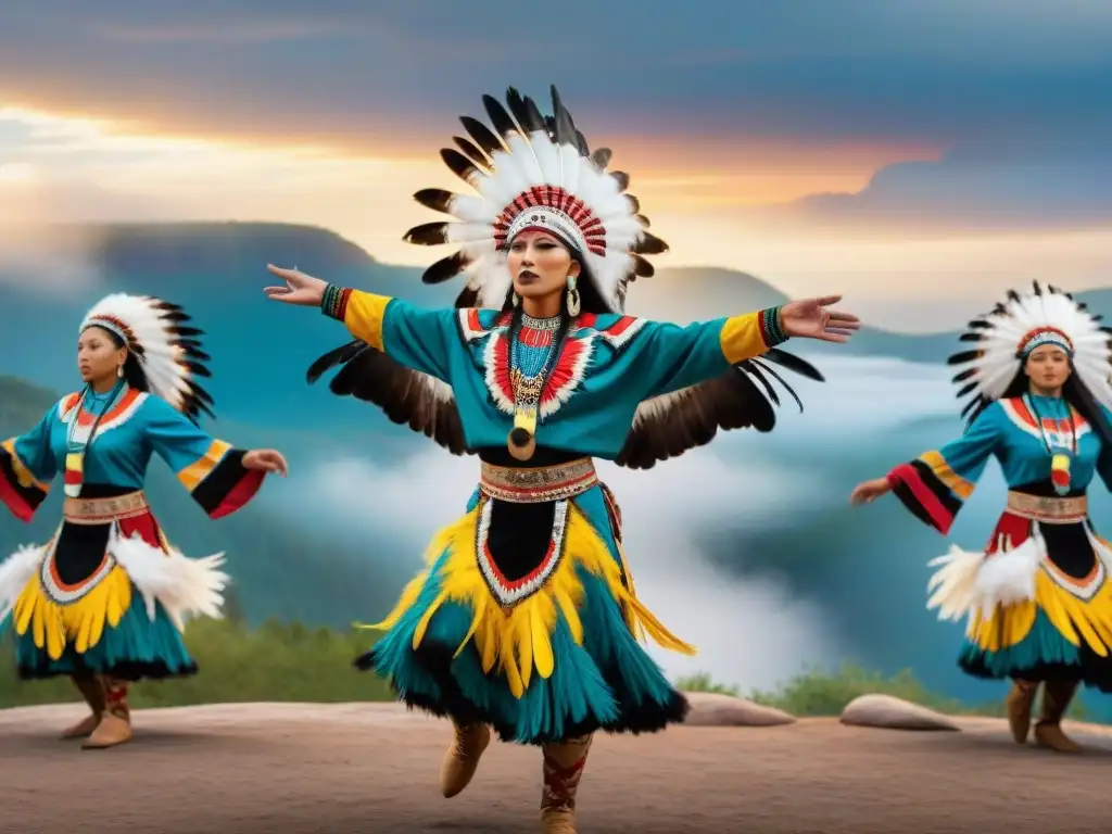 Grupo de bailarines nativos realizando la Danza del Águila con espiritualidad y reverencia en paisaje sagrado