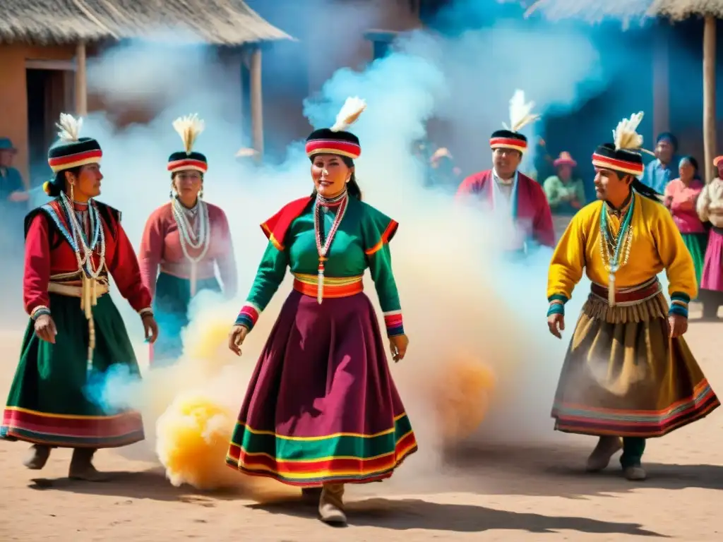 Grupo de indígenas bolivianos en danza Tinku, mezcla de tradición y modernidad en una plaza polvorienta