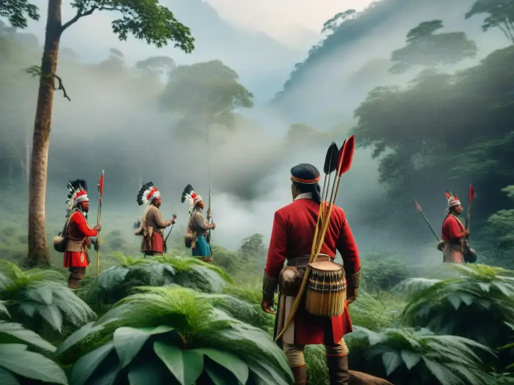 Un grupo de cazadores indígenas en la selva, mostrando sus herramientas y técnicas de caza sostenible